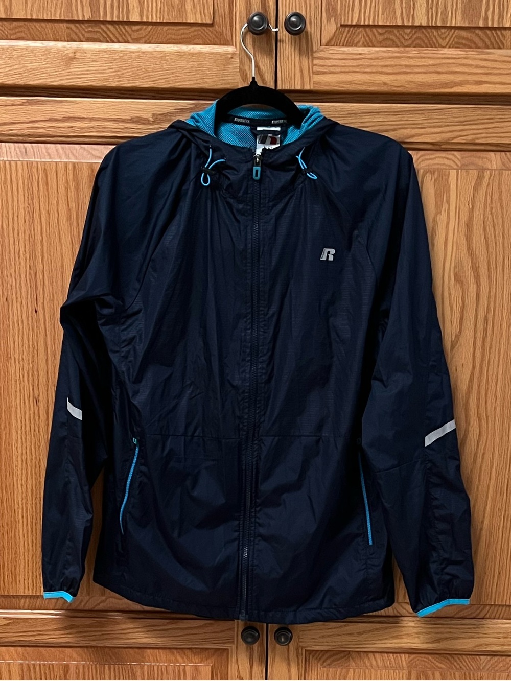 Russell Athletic Navy Hooded Windbreaker with Teal Trim, GUC, Size S